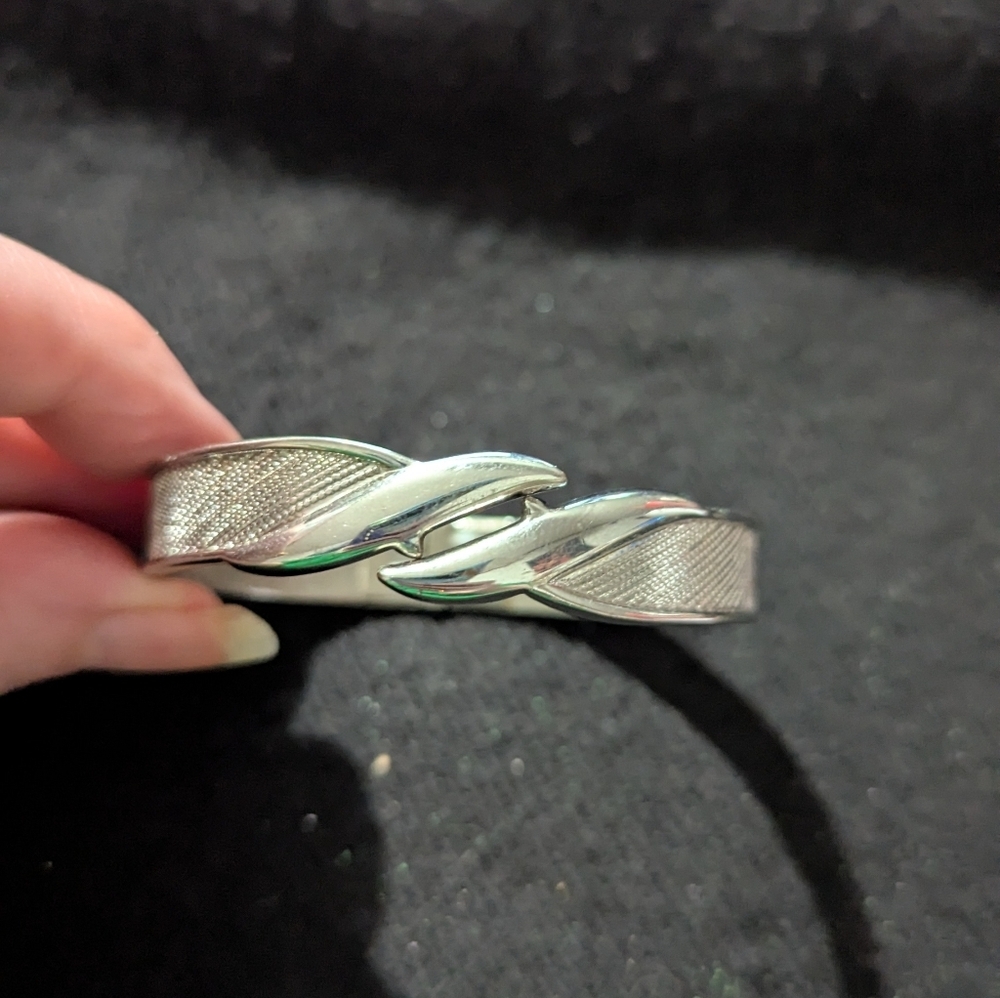Vintage Monet Silver Tone Textured Hinged Cuff Bangle Statement Bracelet